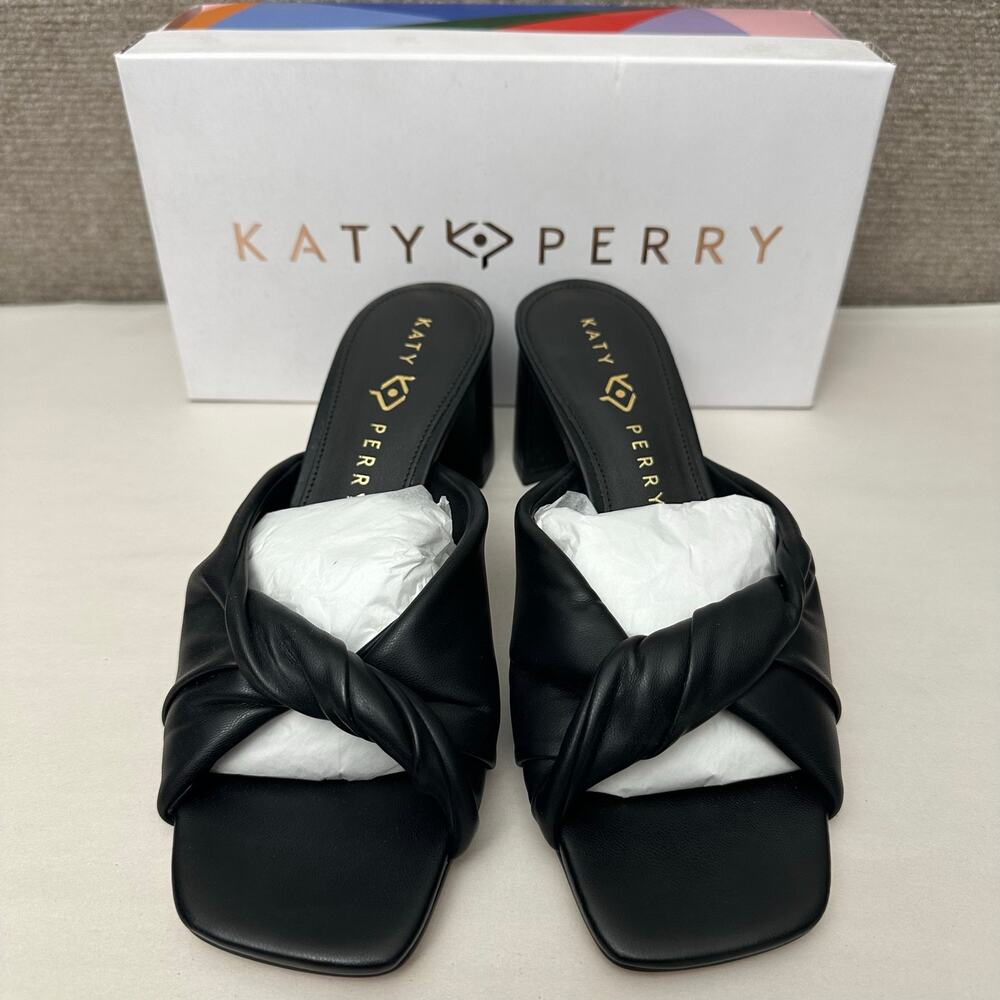 Katy Perry The Tooliped Twisted Sandal Black Faux Leather Mules Block Heel Sz 8M - Picture 8 of 9